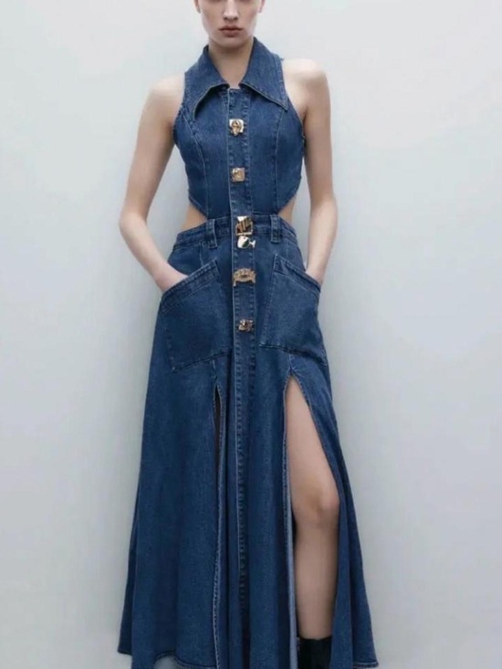 Urban Revivo Dresses & Skirts - Urban revivo Cutout Denim Maxi Jeans Dress - Blue